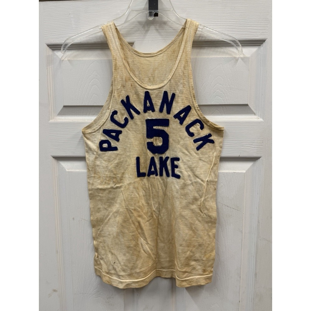 Vintage 1930s Mens Basketball Uniform White Knit Jersey Shirt Packanack Lake